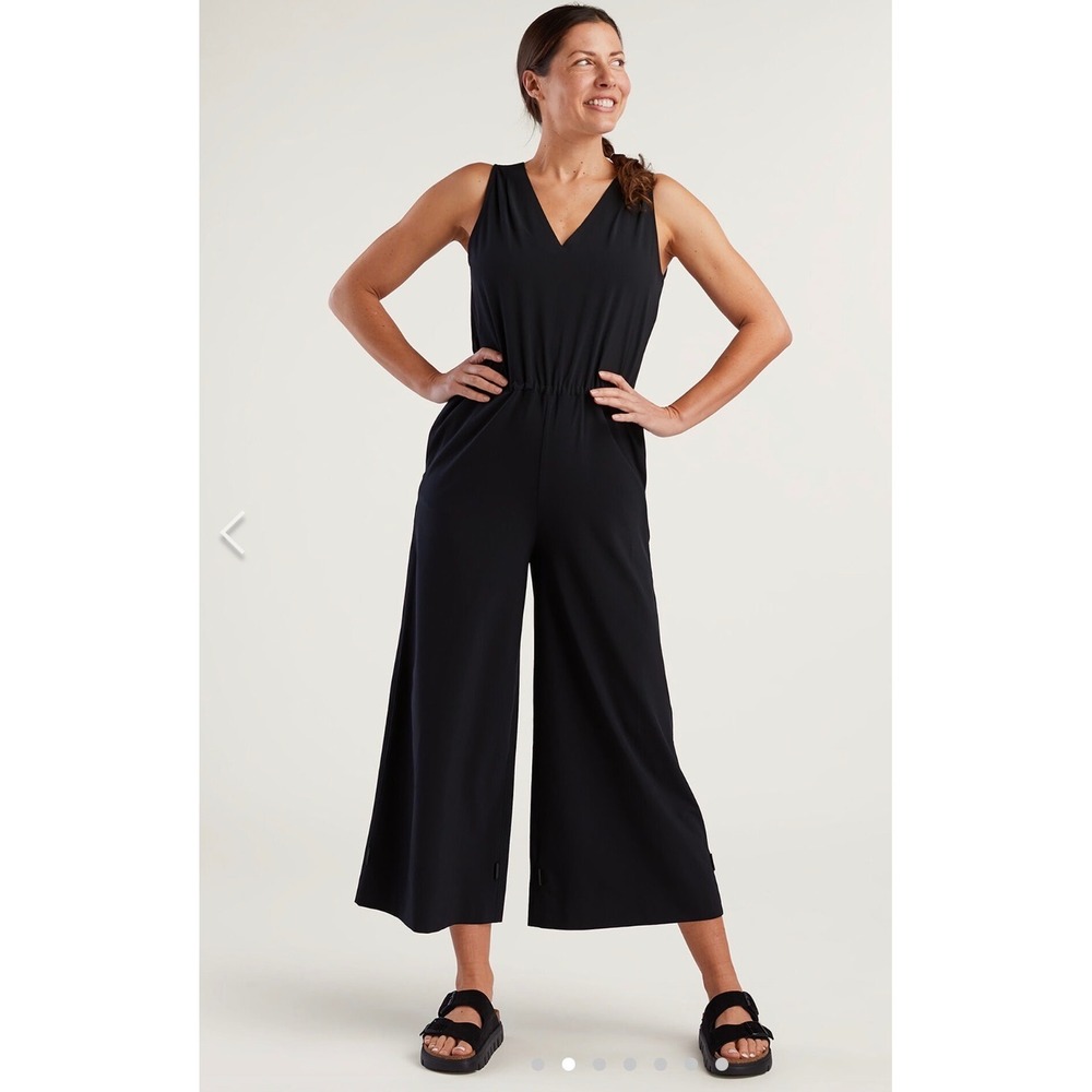 Title Nine Womens Getaway Jumpsuit Drawstring Waist Wide Leg Black SZ L Travel